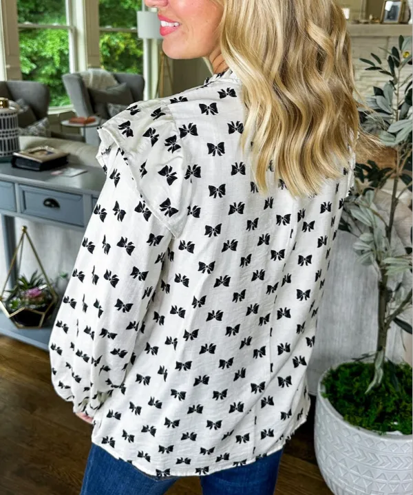 White Bow Knot Print Piping Trim Ruffled Crew Neck Blouse