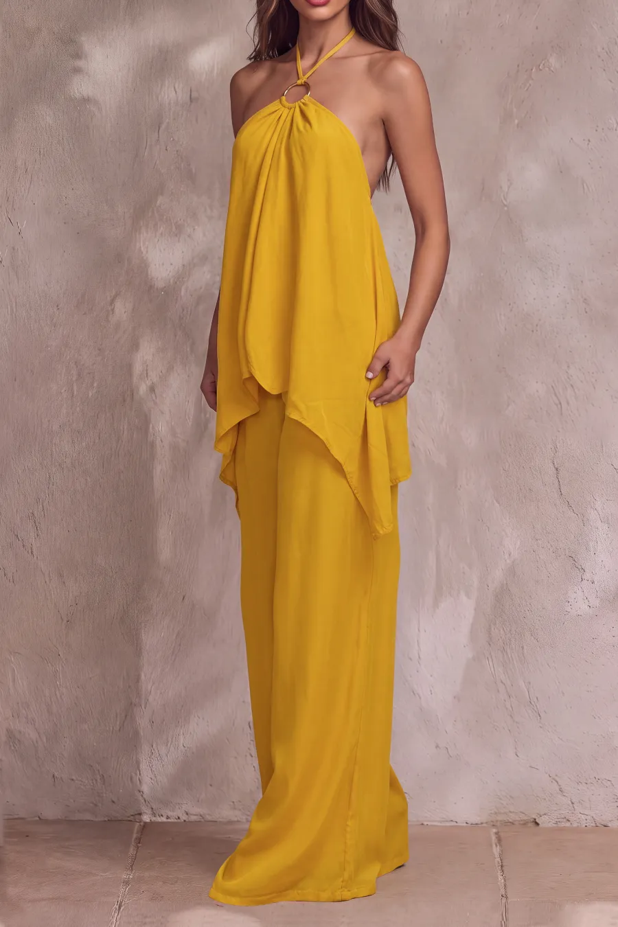 Halter Neck Asymmetrical Matching Pants Set