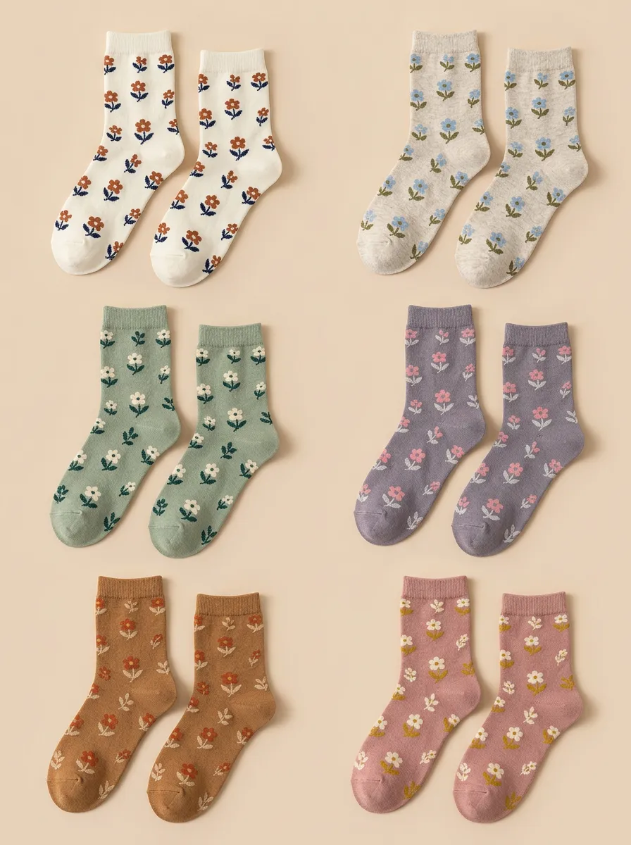 Women's Floral Mid Calf Crew Socks Six Pair Set