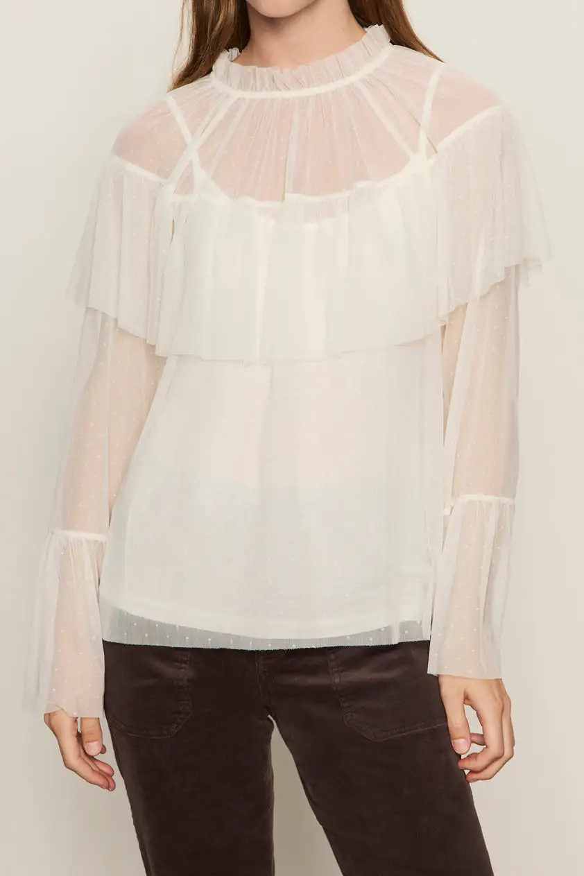 Mesh Ruffle Mixed Media Relaxed Blouse