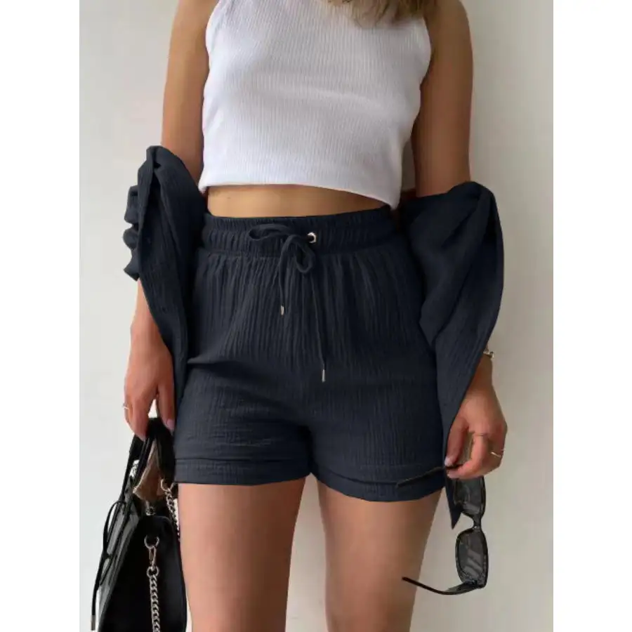 Textured Button Up Shirt and Shorts Set