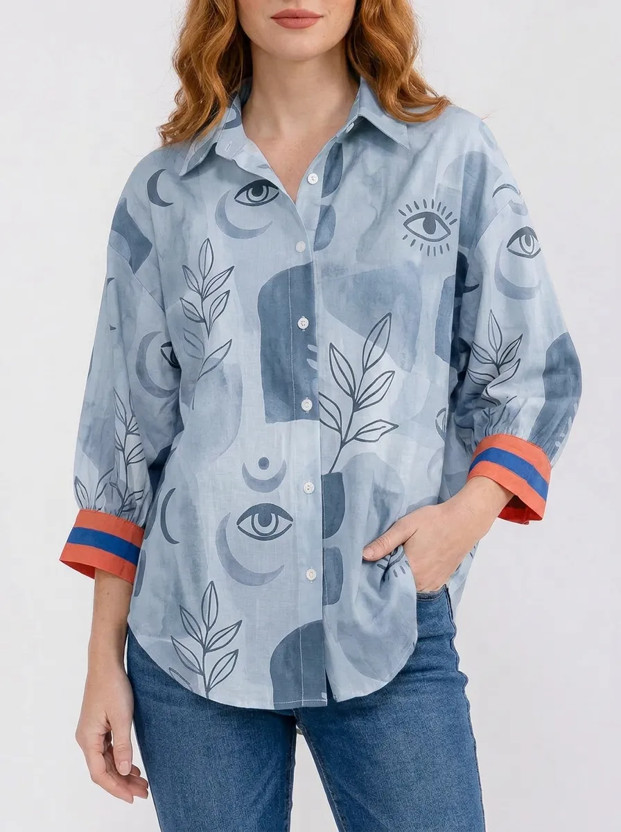 Women's Boho Abstract Eye Moon Leaf Printed Button-up Shirt