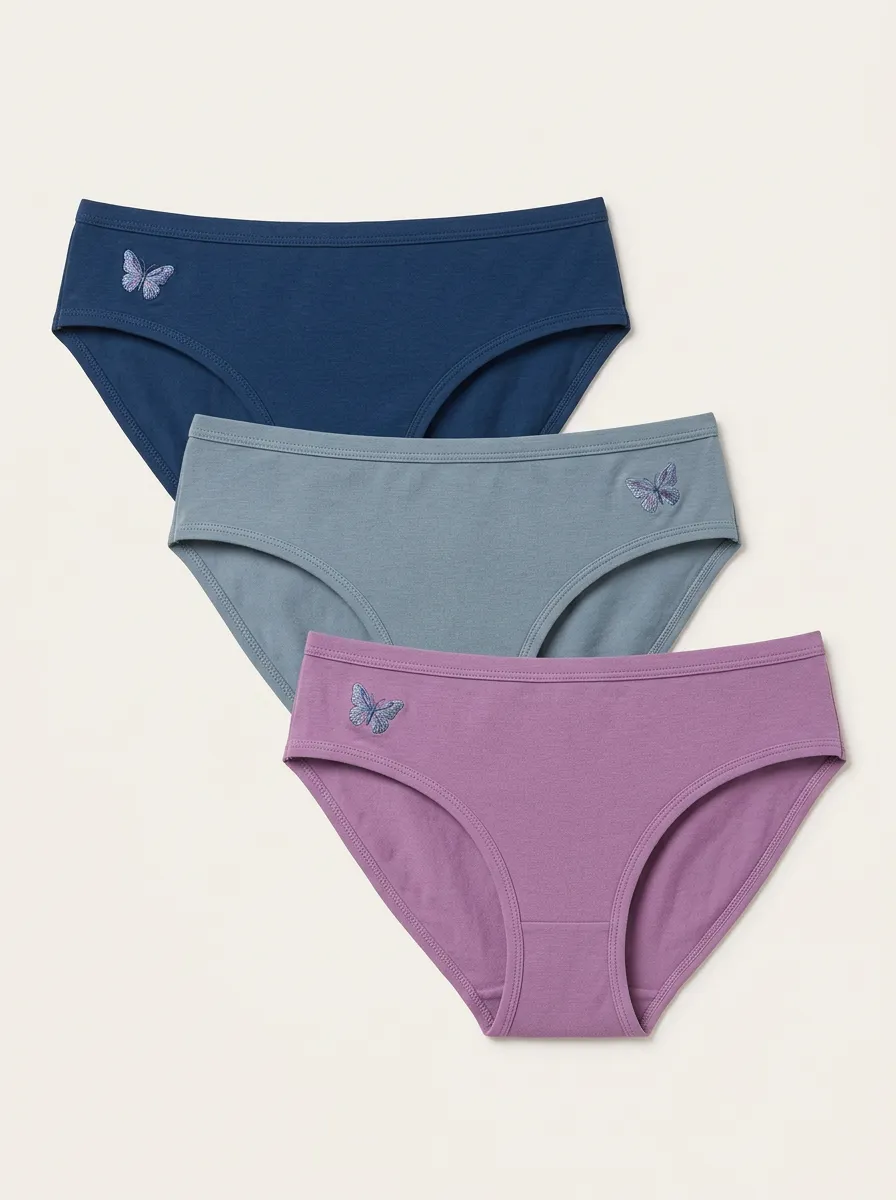 Women's Mid-Rise Side-Detail Butterfly Embroidered Bikini Briefs Three Pack