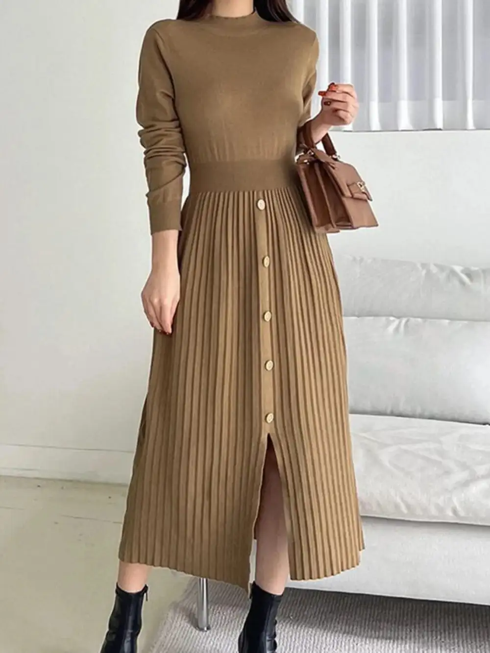 Knit Mock Neck Slit Sweater Dress