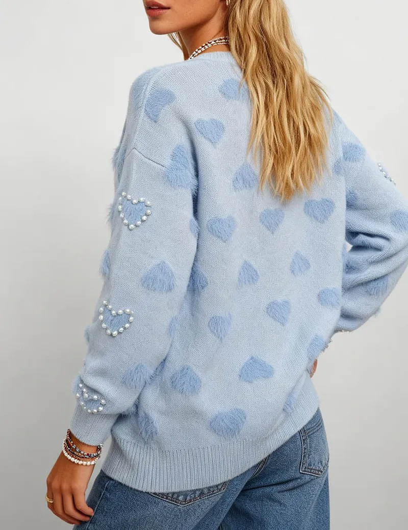 Valentine Heart Pattern Round Neck Bead Sweater