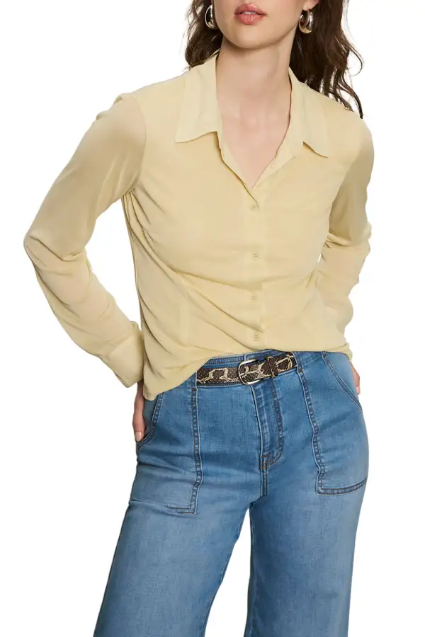 Mesh Button Front Collared Fitted Shirt
