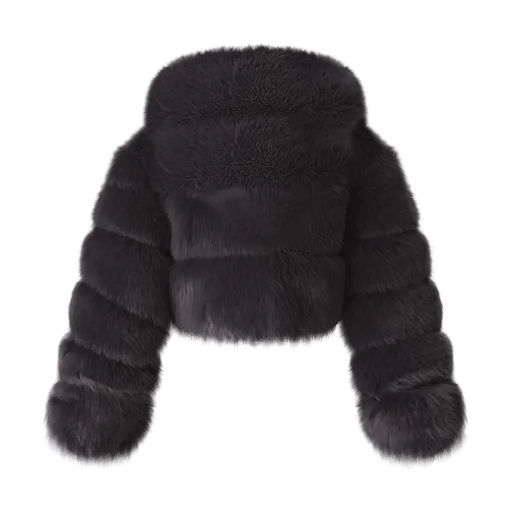 Black Faux Fur Coat Women with Hood Cropped Bubble Coats Fleece Short Warm Jackets Plus Size Winter Coats for Women