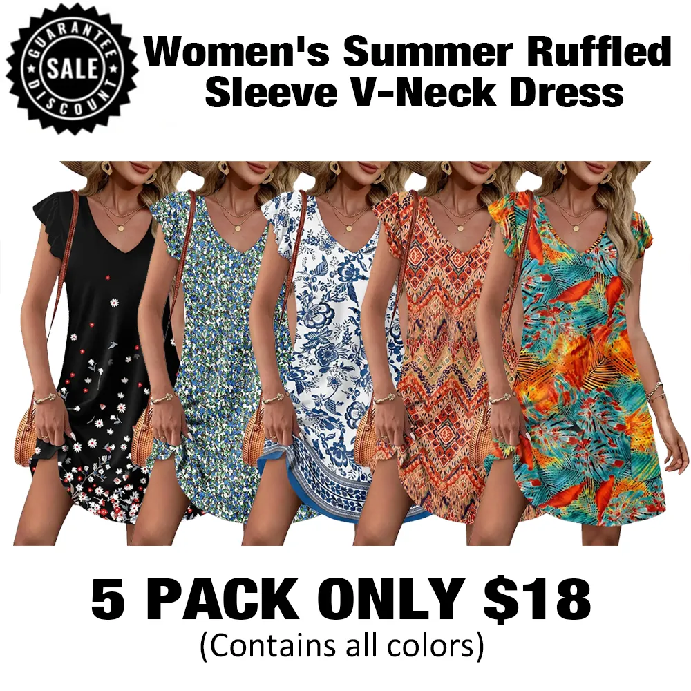 Women's Summer RuffledSleeve V-Neck Dress🔥9-Pack- Only $24
