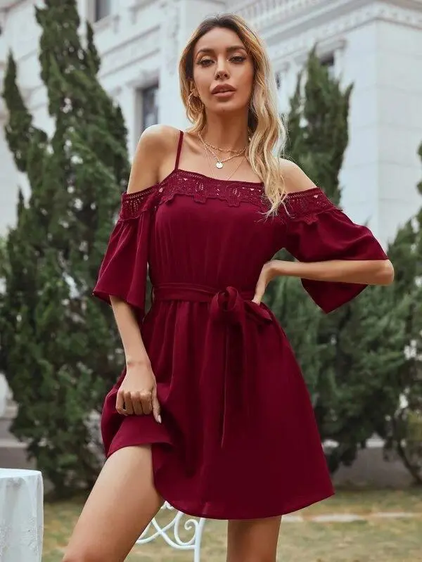 Women Solid Cold Shoulder Belted Dress