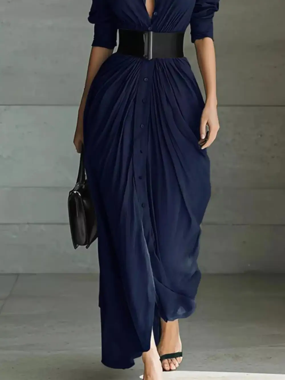 Button Front Ruched Maxi Dress