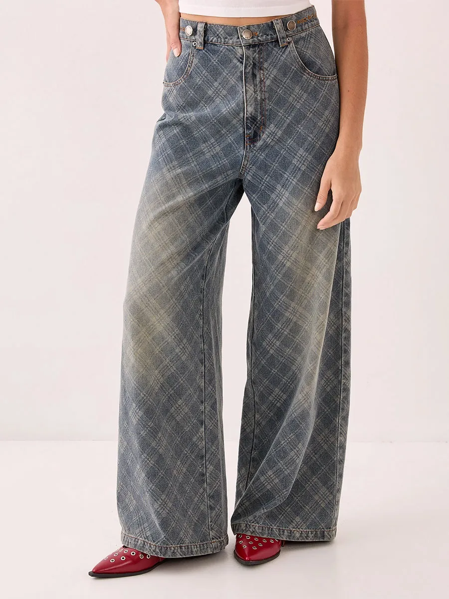 Women's Grey-Blue Plaid Wide-Leg Jeans