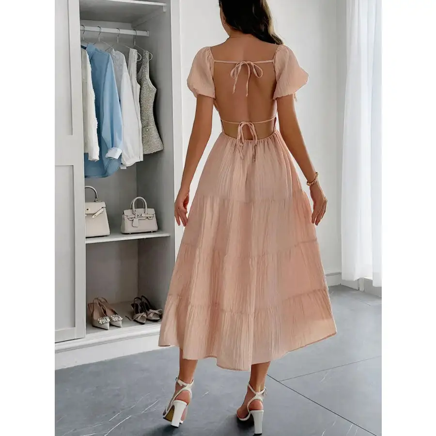 Backless Tiered Puff Sleeve Midi Dress