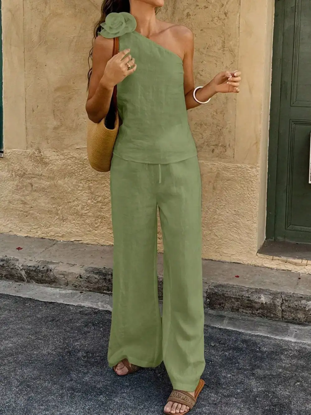 One-shoulder Embellished Top and Pants Set