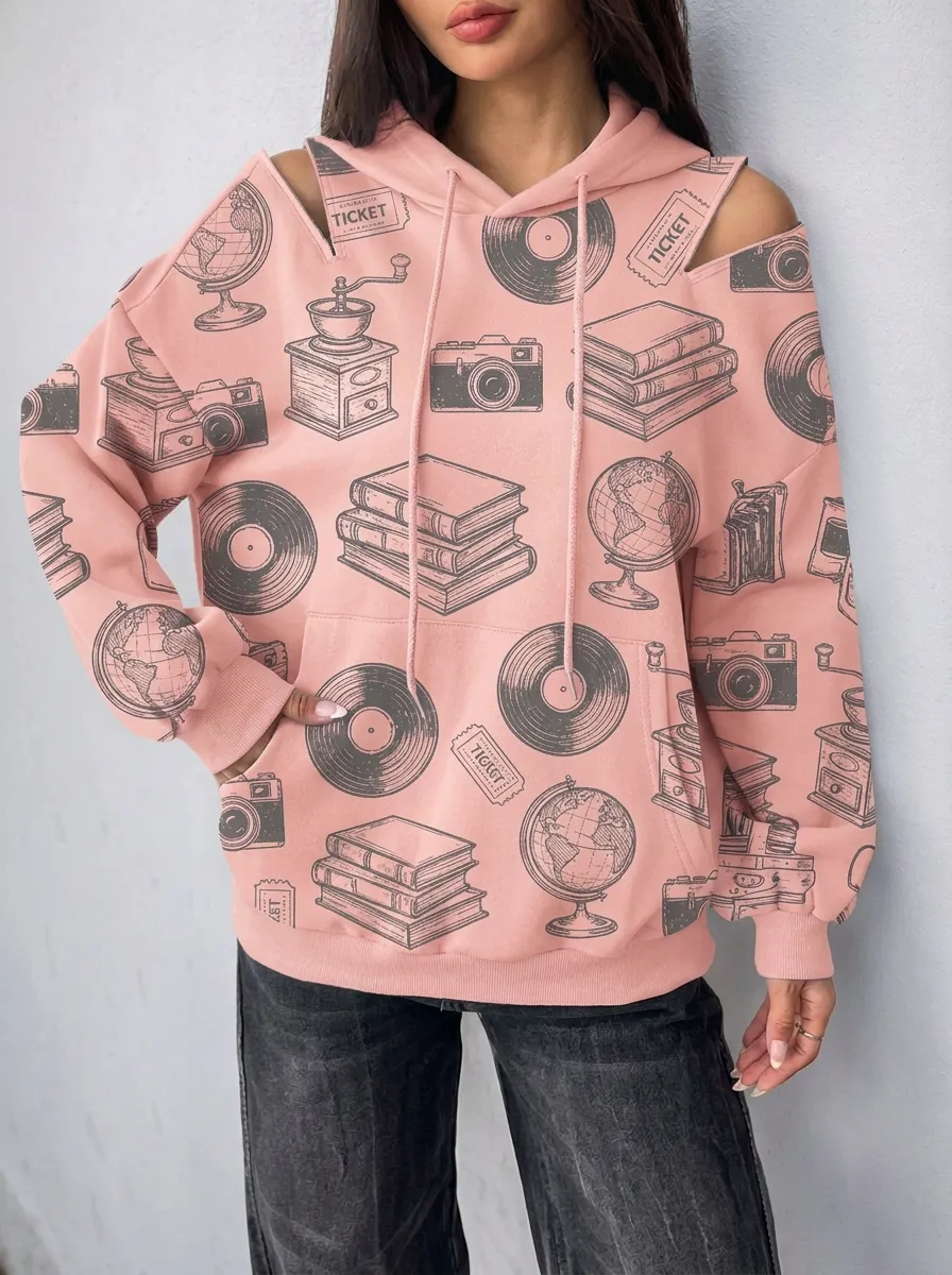 Women's Vintage Hobby Globe Camera Graphic Cold-Shoulder Hoodie