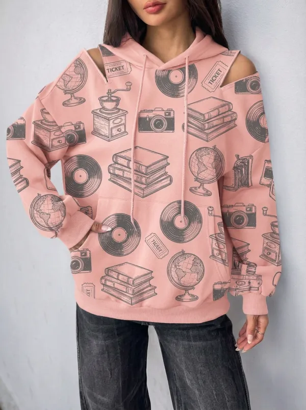 Women's Vintage Hobby Globe Camera Graphic Cold-Shoulder Hoodie