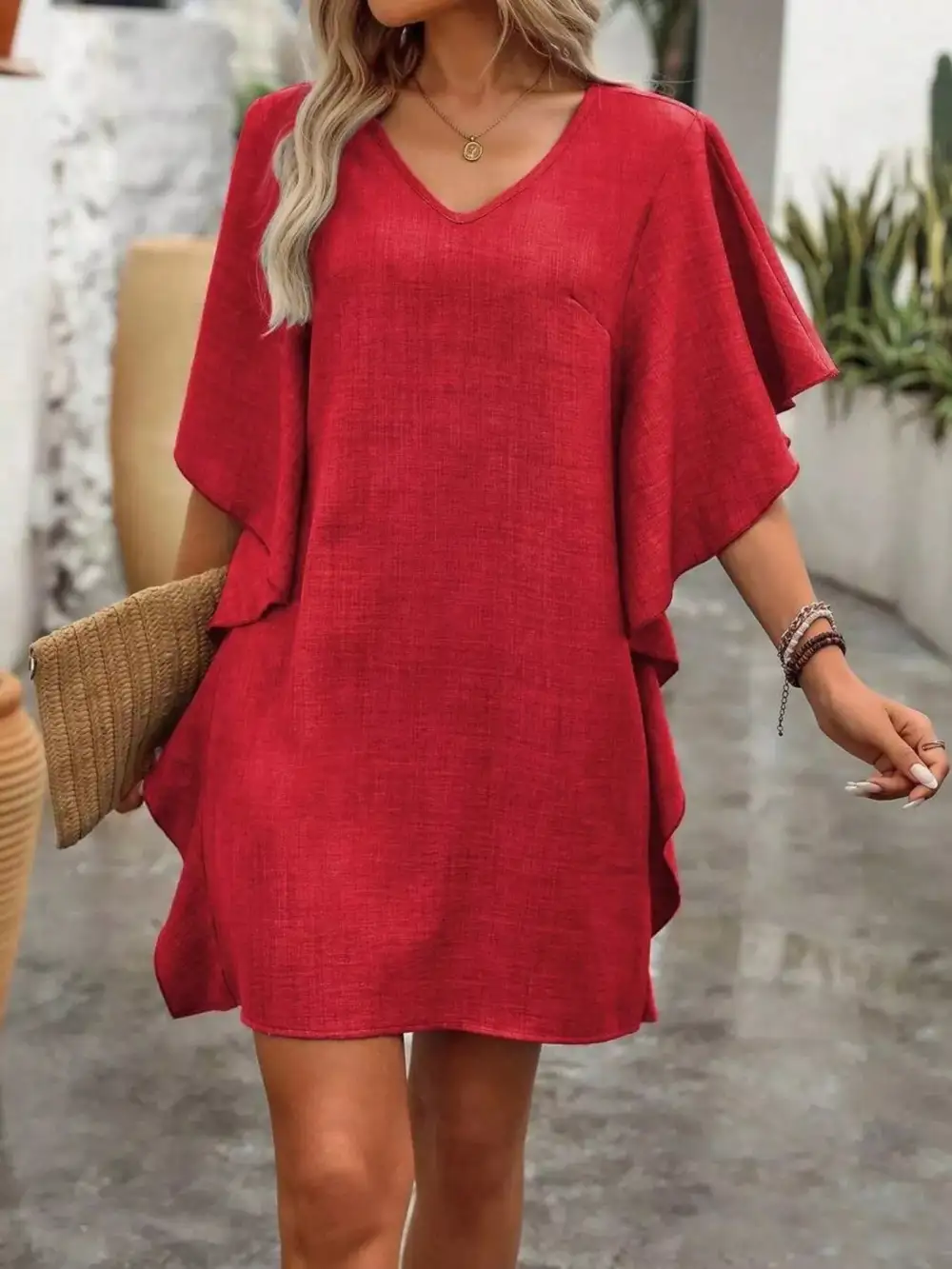 V-Neck Ruffled Mini Dress