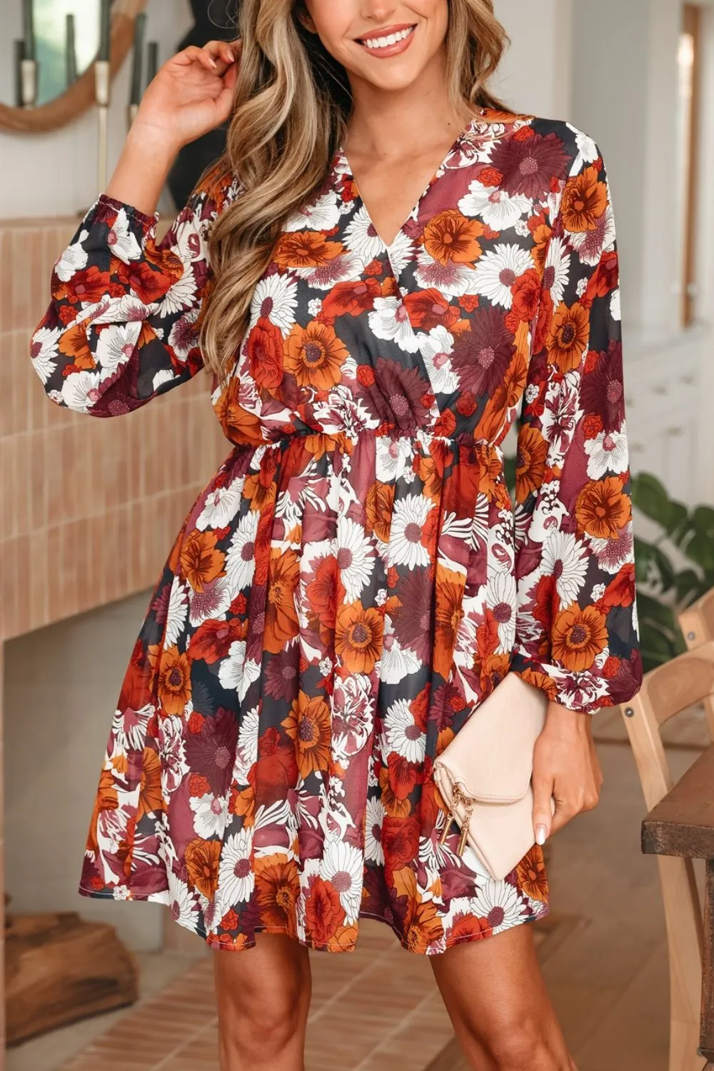 Lightweight Feel Floral Printed V Neck Mini Dress