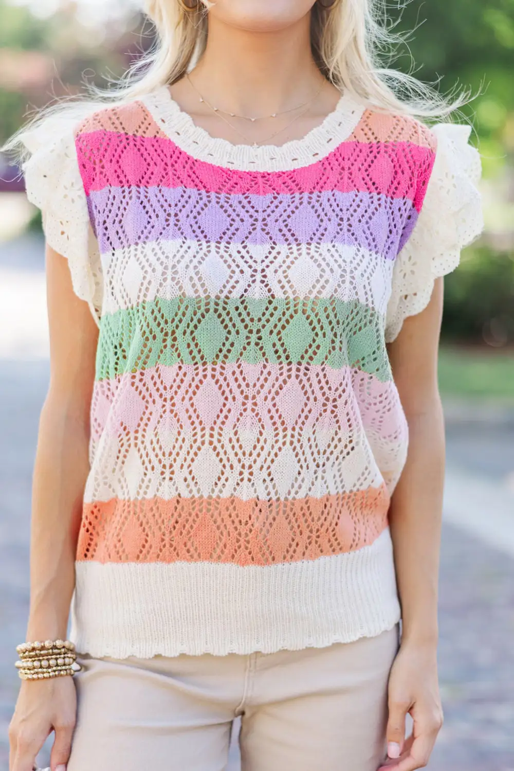 Stripe Colorblock Hollowed Knit Scallop Edge Sweater Vest