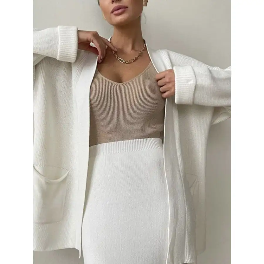 Pocketed Long Sleeve Cardigan and Skirt Sweater Set