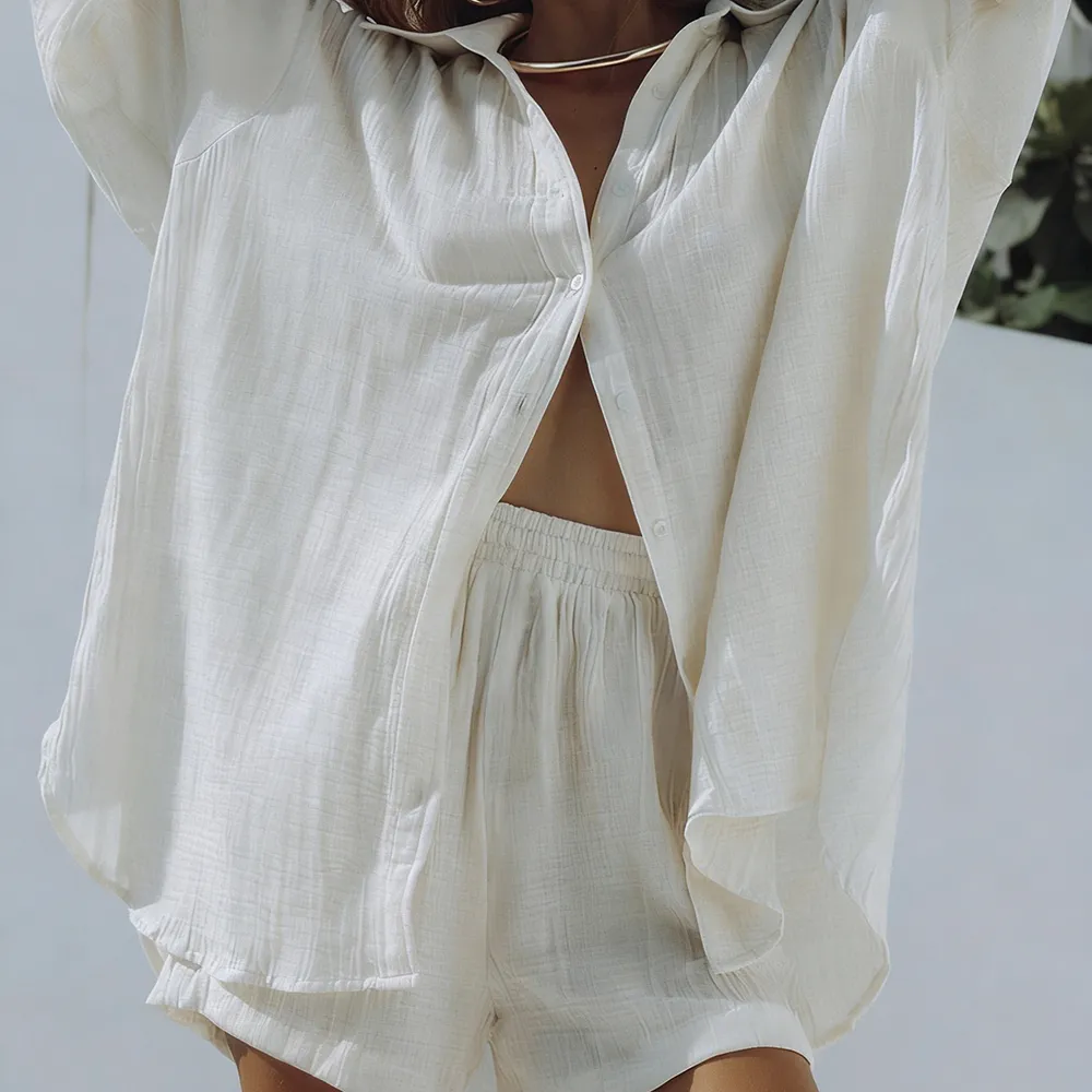 Women 2 Piece Outfits Long Sleeve Blouse and Shorts Sets