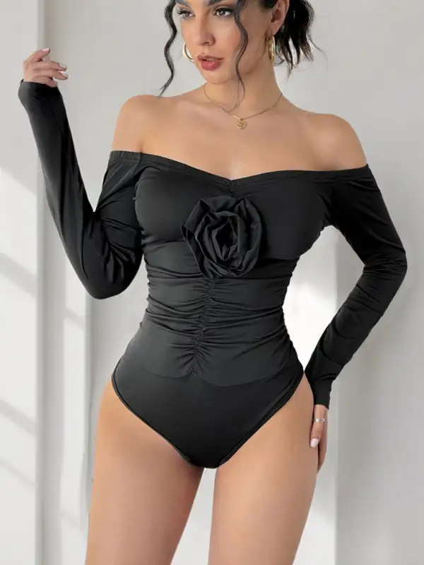 Shoulder Jumpsuit Flower One Slim Bodysuit