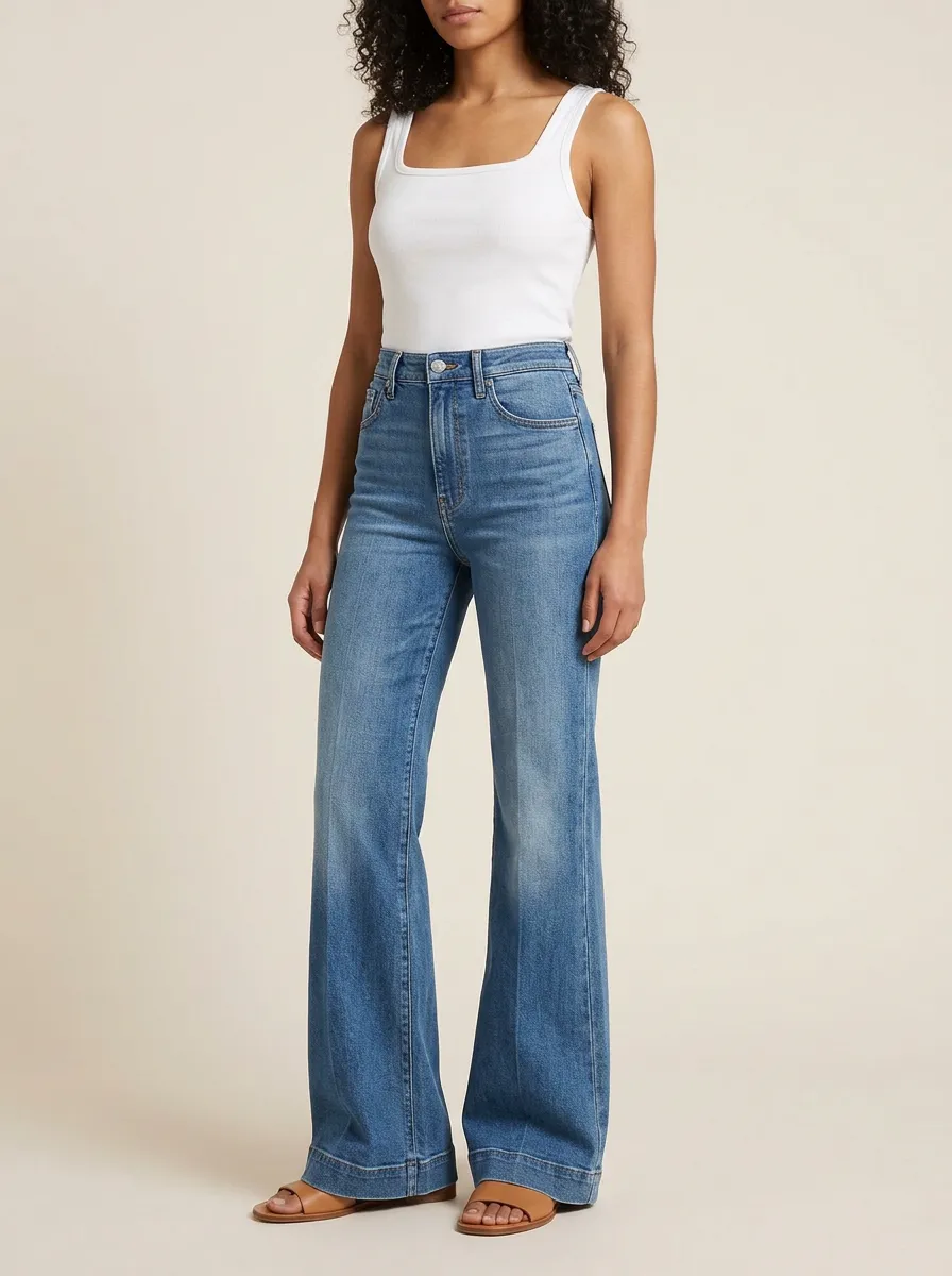 Women's High-Waisted Wide-Leg Denim Subtle Whiskering Fading Jeans