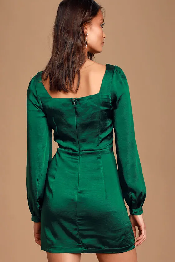 Got The Love Emerald Green Satin Square-Neck Mini Dress