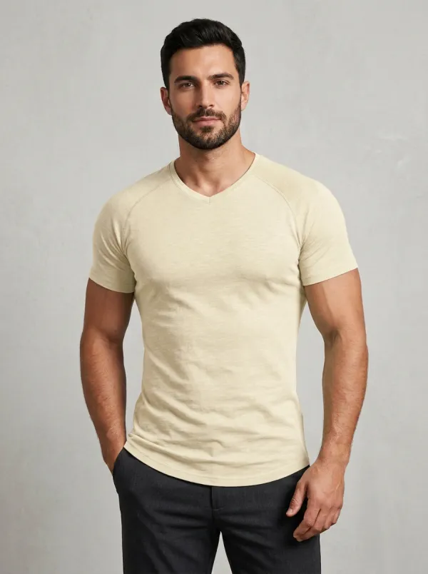 Contemporary Textured Raglan Sleeve Curved Hem Design Men's Slim Fit Short Sleeve T-Shirt