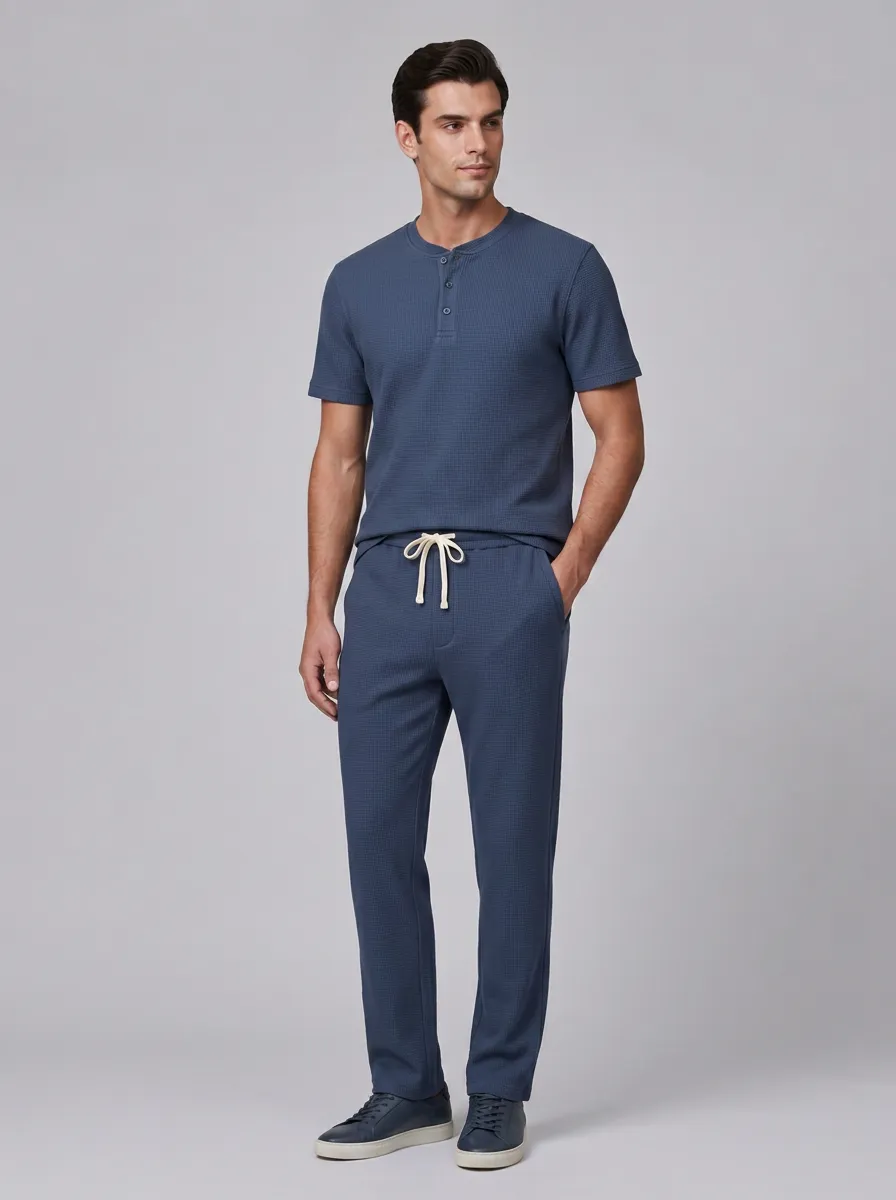 Men's Regular Fit Casual Waffle Knit Henley Shirt and Drawstring Pants Set