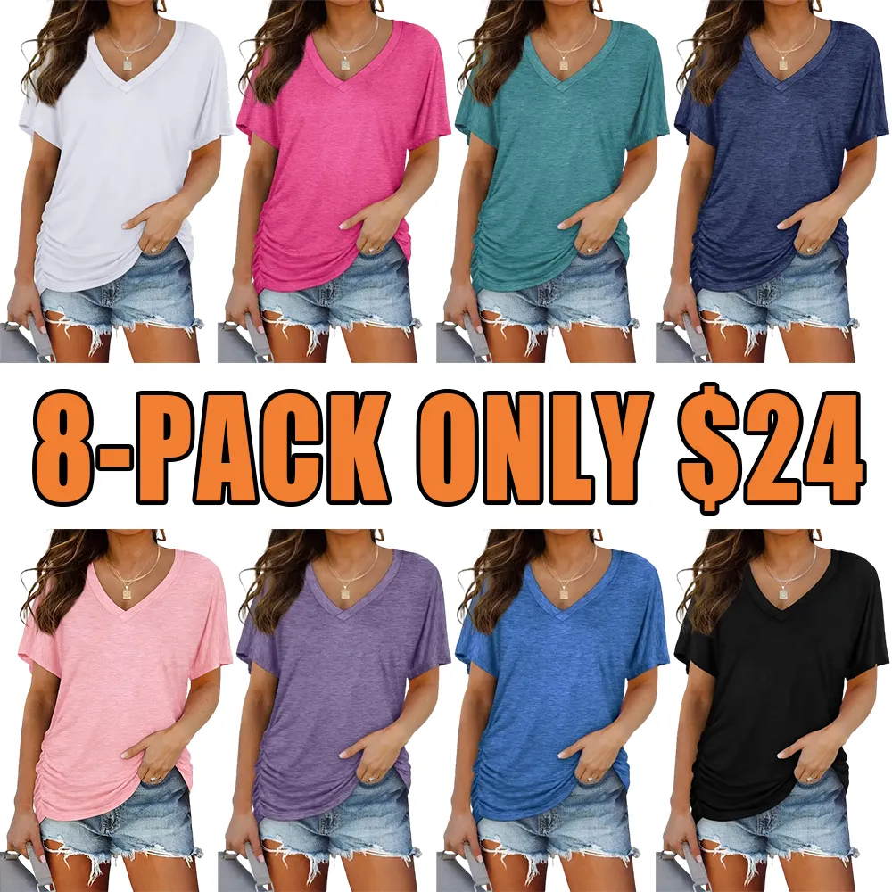 Womens Short Sleeve V Neck Dolman Tops with Side Shirring Loose Fit Shirts