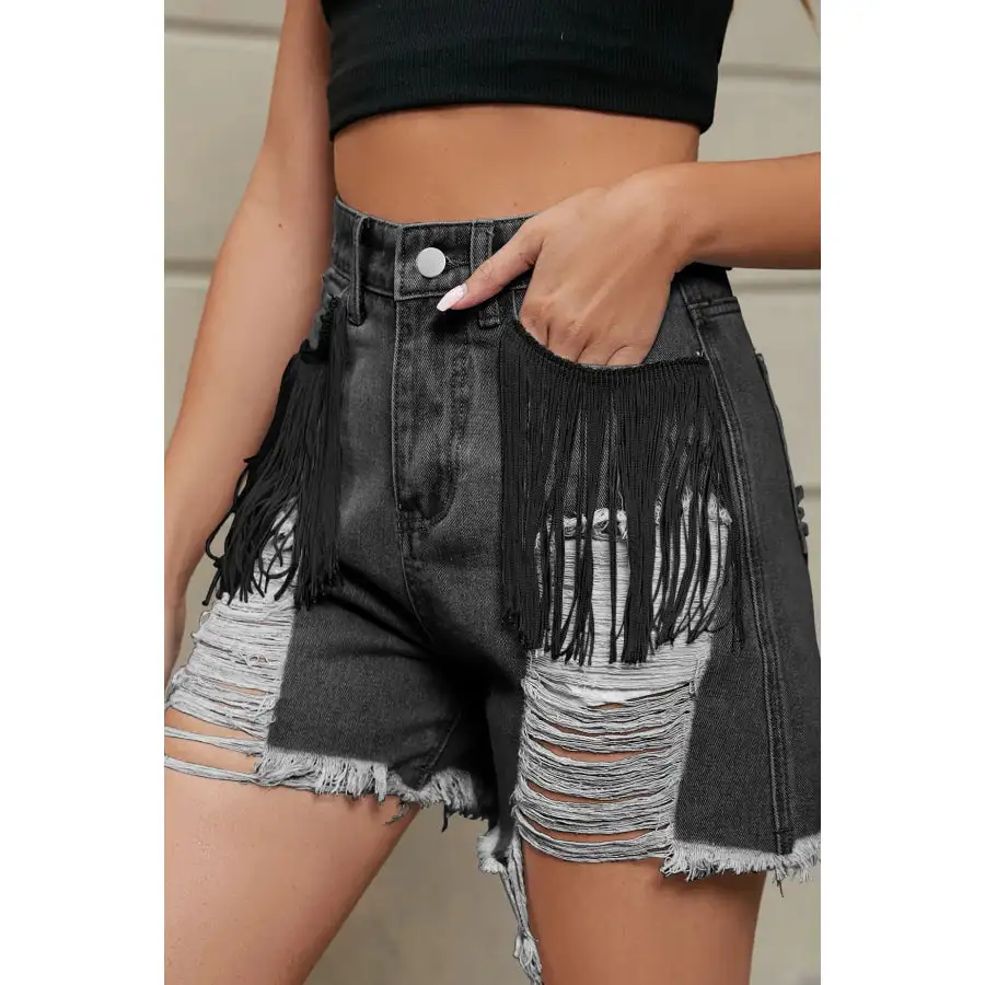 Weekend Raw Hem Distressed High Waist Pocketed Shorts