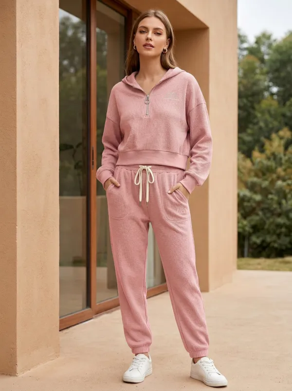 Women's Mountain Logo Waffle Knit Quarter-Zip Hooded Jogger Set