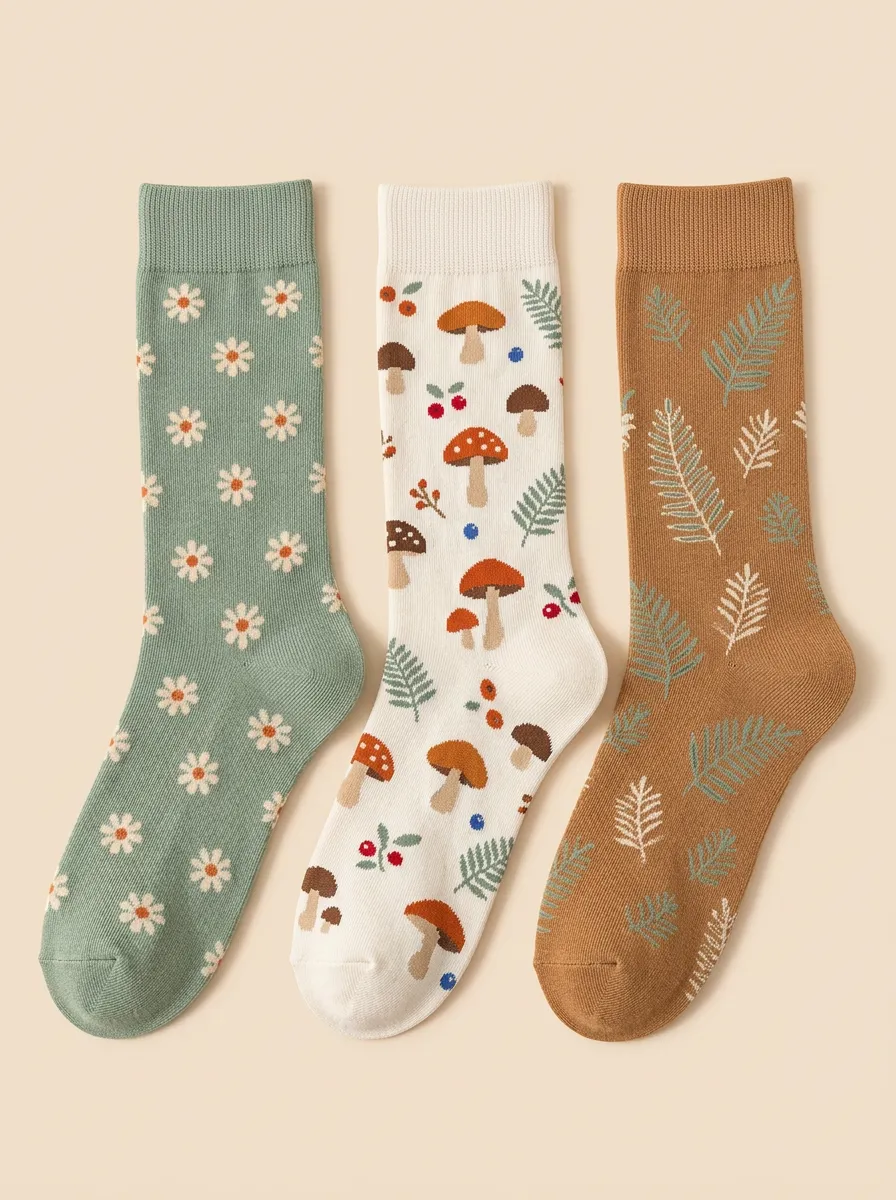 Mushroom Fern Daisy Three Pair Sock Set