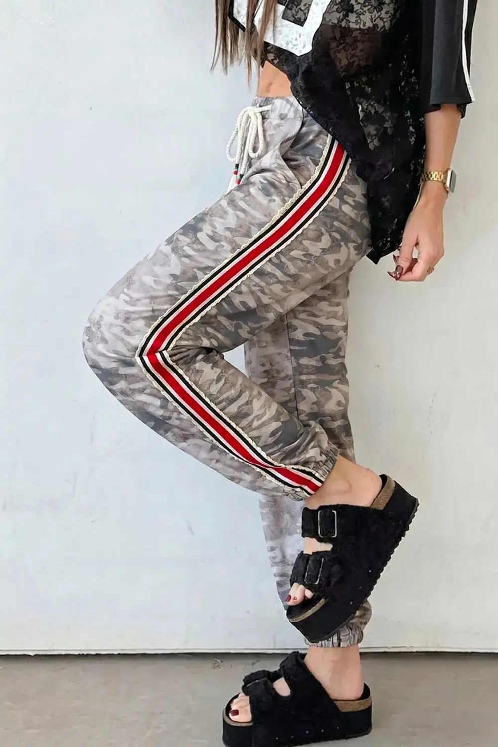 Drawstring Pocketed Camouflage Jogger Pants