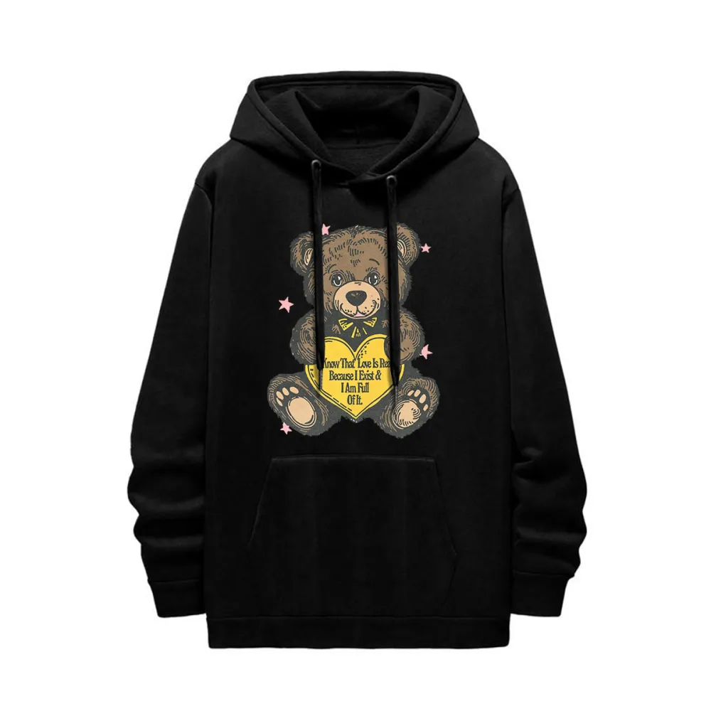 Teddy Bear Graphic Black Hoodie with Heart Element