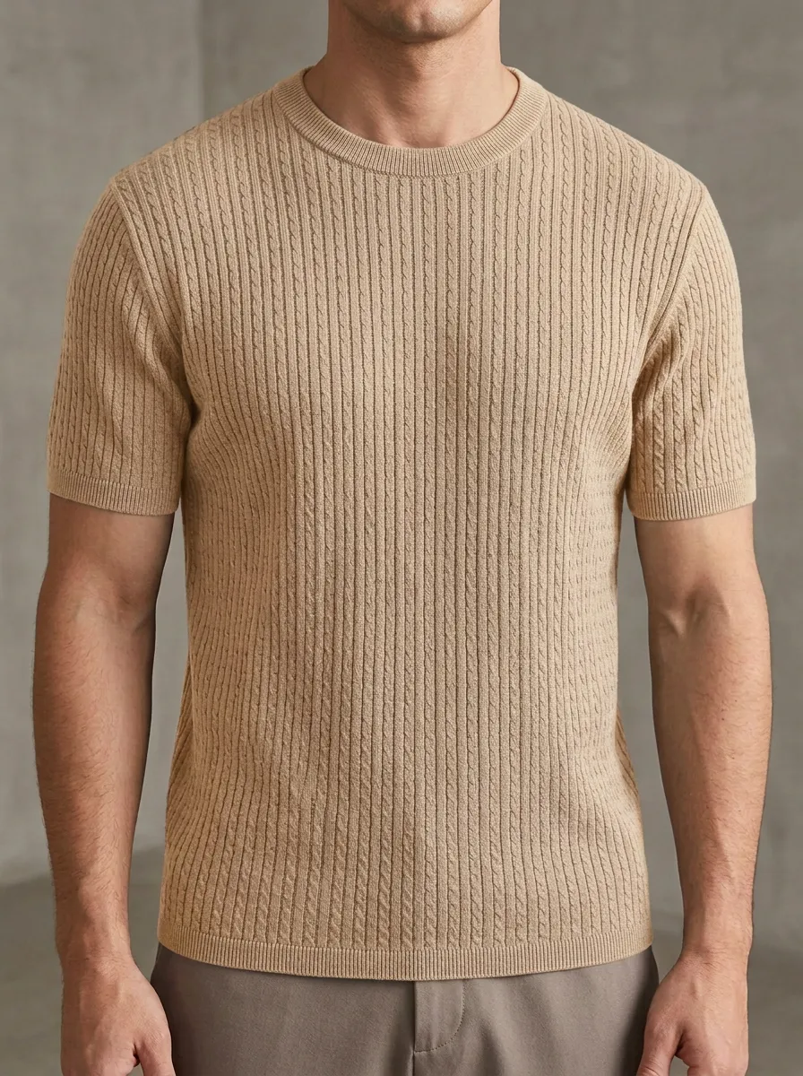 Cable-Knit Textured-Knit Men's Knit Crew-Neck T-Shirt