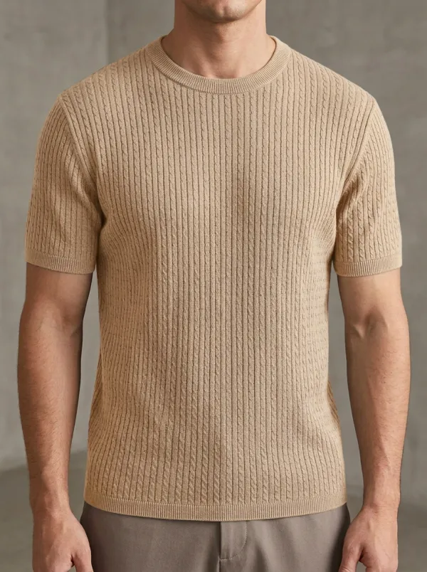 Cable-Knit Textured-Knit Men's Knit Crew-Neck T-Shirt