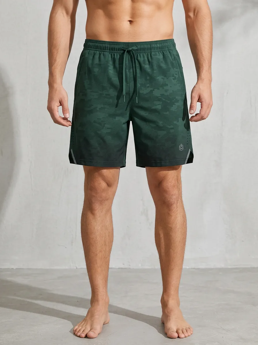 Men's Athletic Fitness Green Camouflage Printed Shorts