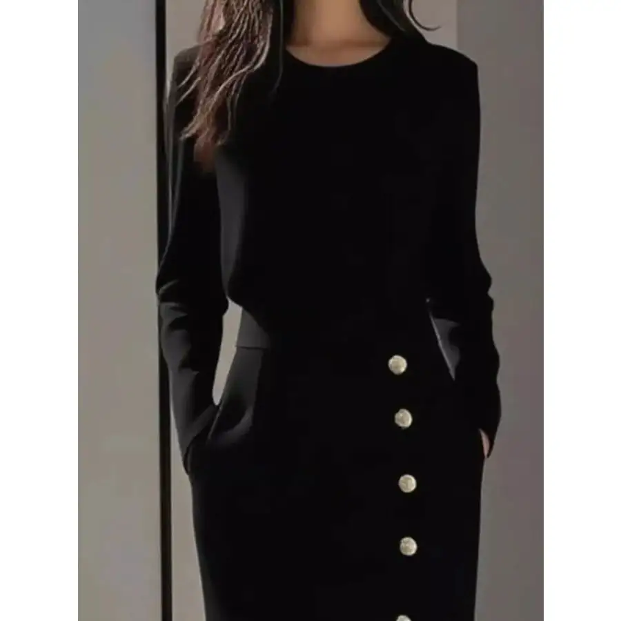 Long Sleeve Button Detail Midi Dress with Side Slit