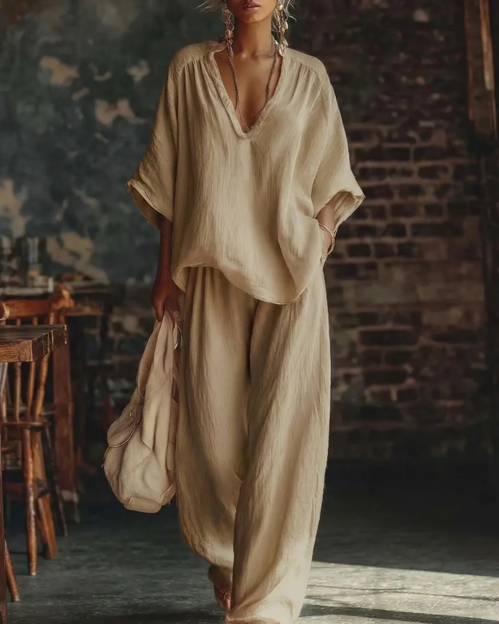 Casual Urban Boho V-Neck Blouse Set