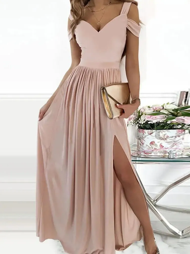 Women's Dresses Printed V-Neck Strap Off-Shoulder Slit Dress
