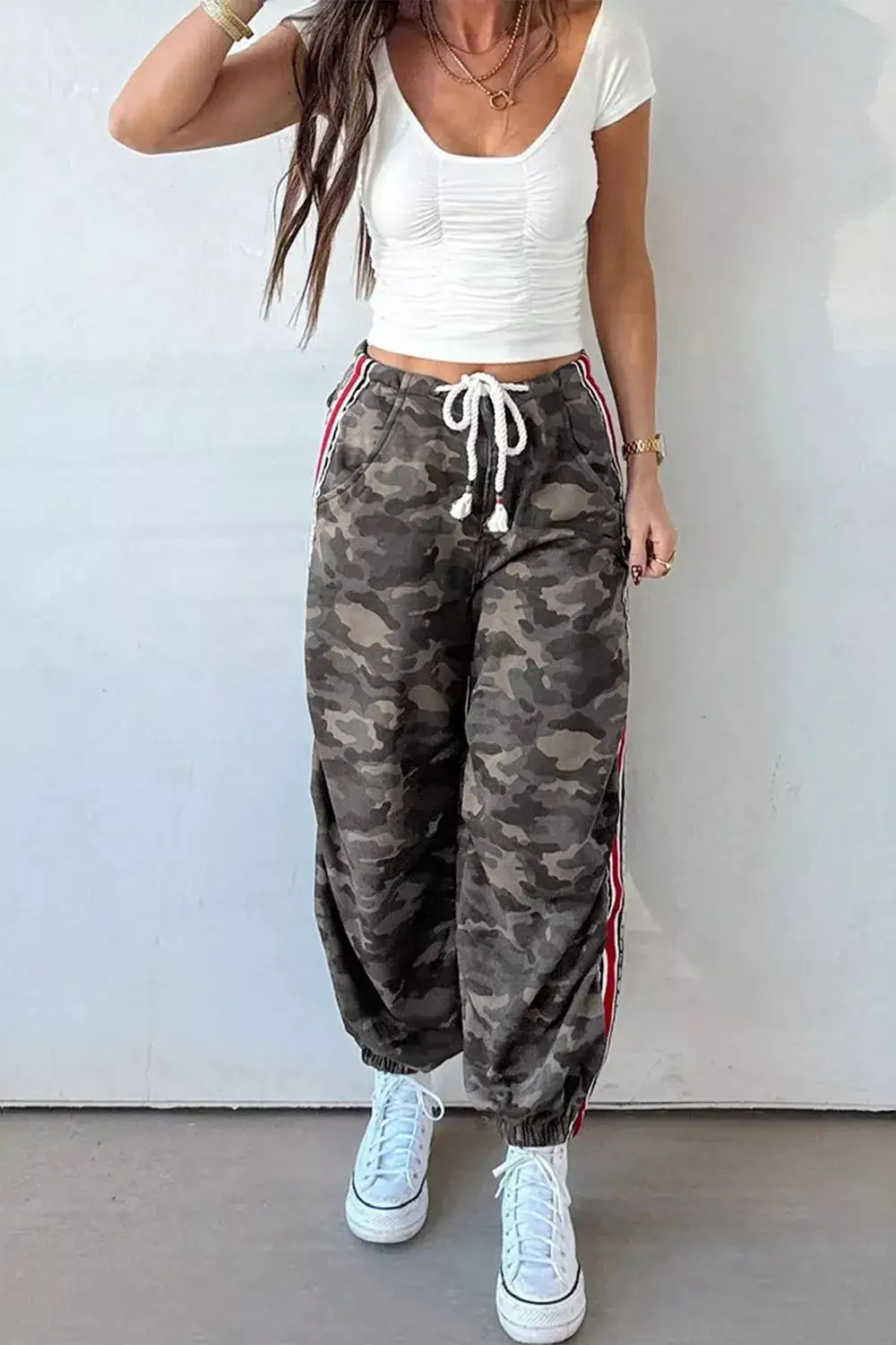 Drawstring Pocketed Camouflage Jogger Pants
