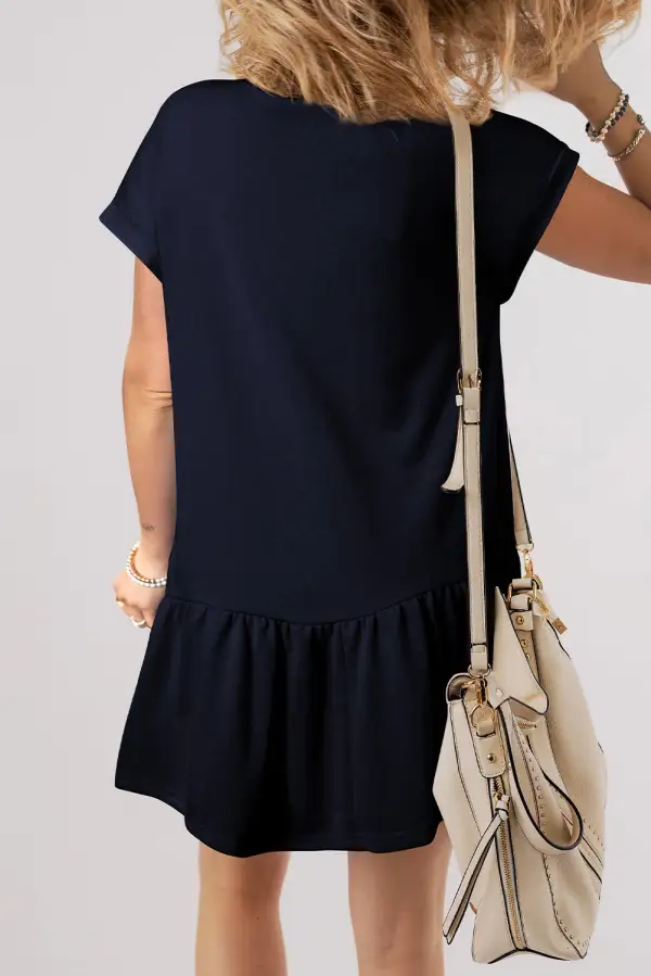 Solid Cap Sleeve Ruffle Hem Casual Mini Dress