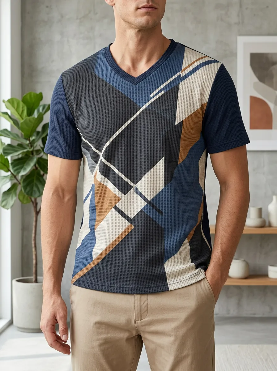 Men's Geometric Pattern Waffle Knit Printed V-Neck T-Shirt