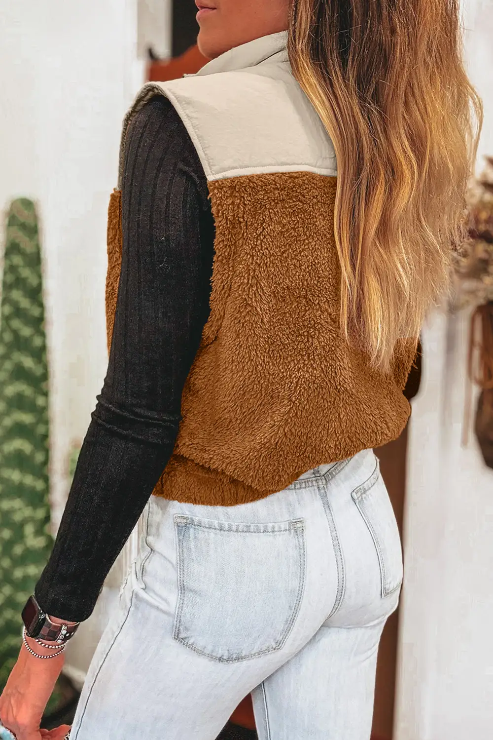 Colorblock Patchwork Zip Stand Collar Plush Vest