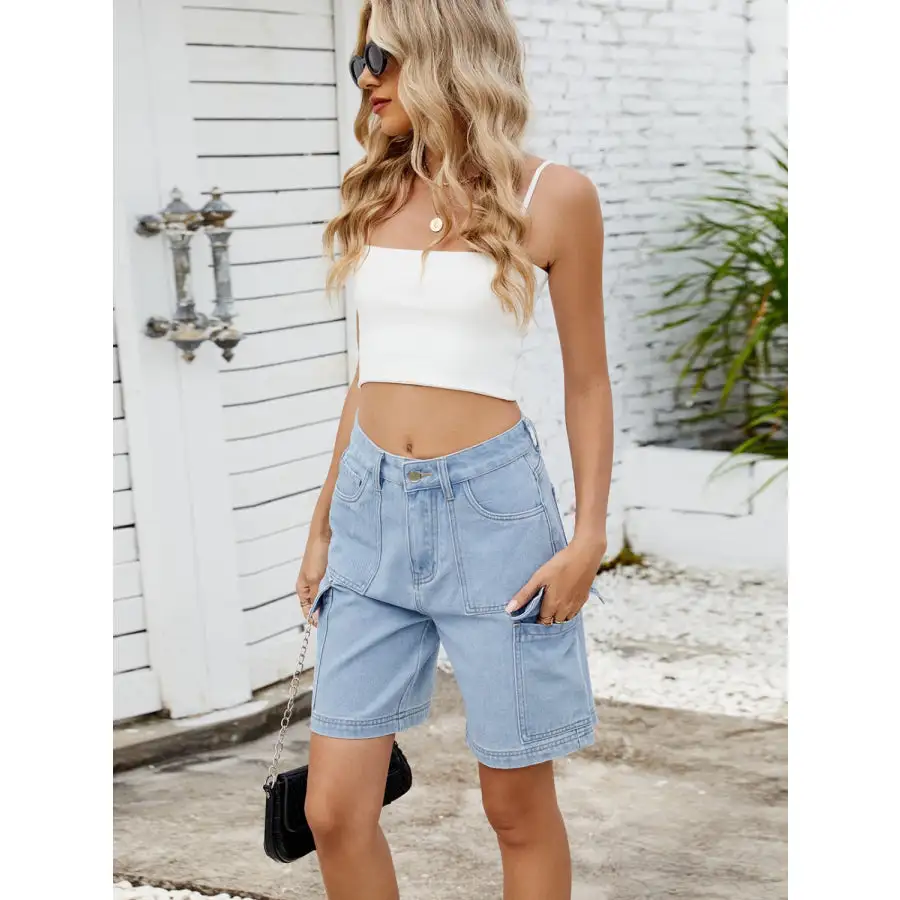 High Waist Denim Shorts with Cargo Pockets