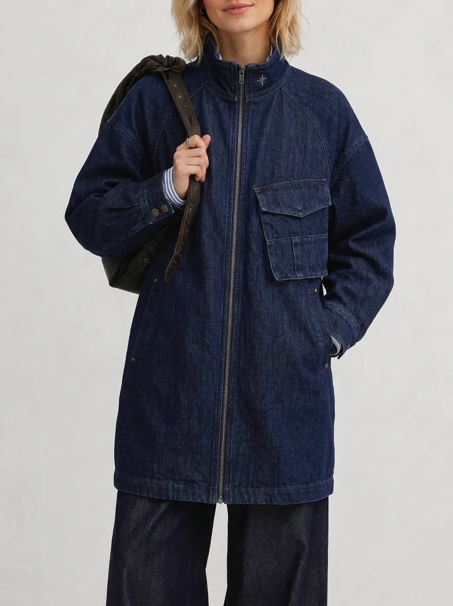 Women's Casual Vintage Dark Denim Zip-Up Jacket