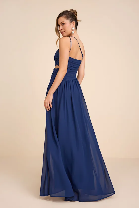 Marcela Navy Blue Ruched One-Shoulder Maxi Dress
