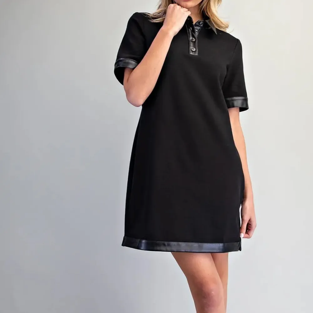 Leather Trim Mini Polo Dress