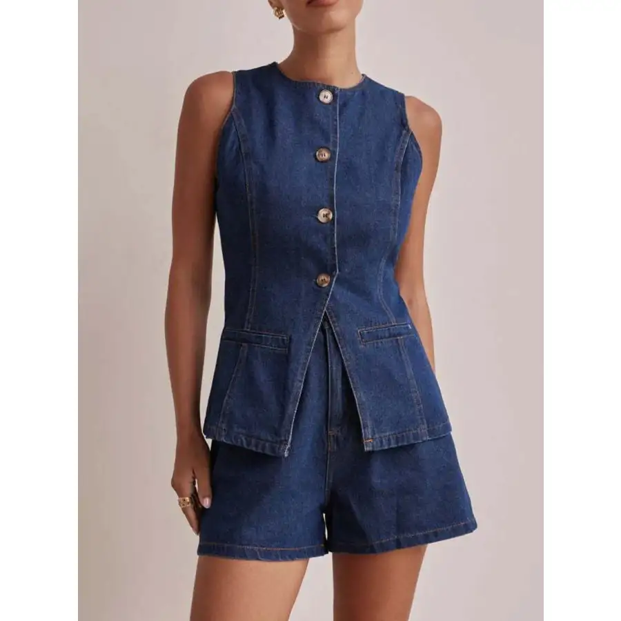 Relaxed Button Down Vest and Shorts Denim Set